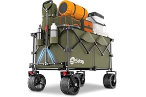 Sekey 200L Folding Festival Trolley with All-Terrain Extra Wide Wheels and Brake, Heavy-Duty Cart Loadable up to 150KG, Patented Four-Directional Foldable Design, Wagon for Beach Camping, Khaki