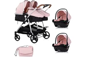 MON MOBILIER DESIGN DUO SMART Poussette jumeaux ou enfants rapprochés largeur 79 cm Rose + 2 cosy i-Size rose