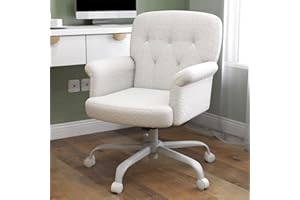 ZZH Home Office Desk Chair, Comfy Upholstered Fuzzy Vanity Chair with Wheels and Arms, Teddy Velvet Cute Adjustable Swivel Computer Seat for Living Room, Bedroom, Make Up and Salon, White