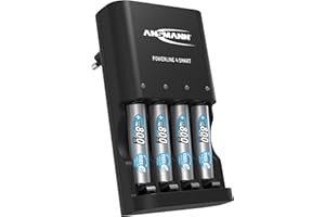 ANSMANN Akkuladegerät mit Repair Modus inkl. 4x 800 mAh NiMH AAA Akkus – Automatik Ladegerät für 4x NiMH AA / AAA Accus & wiederaufladbare Batterien / Mit Einzelschacht Ladung - Powerline 4 Smart