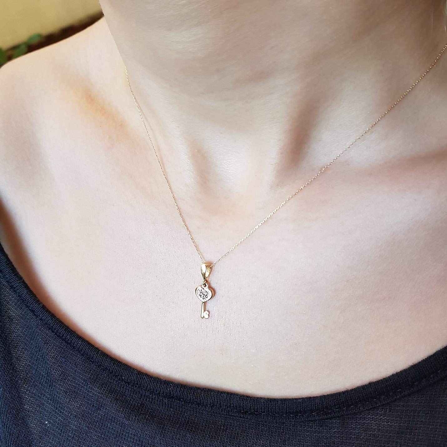 Damen-Halskette-aus-14-Karat-585-Echt-Gelbgold-Kette-mit-Charms-Anhnger-Herz-Schlssel-Geschenk-fr-Valentinstag-Geburtstag-Weihnachten-Kette-45-cm