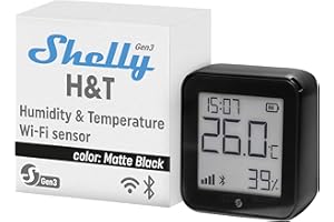 Shelly H&T Gen3 Noir - Capteur de température et d'humidité connecté, Thermomètre & Hygromètre intérieur/extérieur Wi-Fi, Écran eink, Horloge digitale, App iOS & Android
