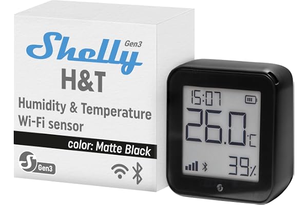Shelly H&T Gen3 Noir - Capteur de température et d'humidité connecté, Thermomètre & Hygromètre intérieur/extérieur Wi-Fi, Écran eink, Horloge digitale, App iOS & Android