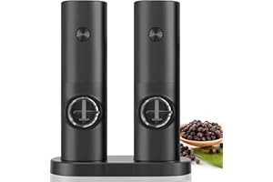 MWELLEWM 2Pcs Electric Salt and Pepper Grinder Set with Base, Battery Powered with Adjustable 5 Levels of Coarseness Salt and Pepper Grinder Mill(Black)