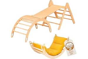 WoodsCraft 3in1 Set: Kletterdreieck mit Rutsche Indoor/Klettern Rampe & Kletterbogen mit Kissen | Holz Montessori Klettergerüst Indoor Spielgeräte & Spielplatz | Klettern Kinder Indoor & Klettern Baby