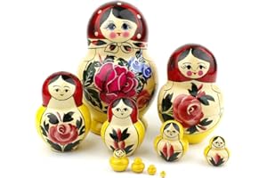 HEKA NATURALS Matrioske Russe Rotonde, 10 Matrioske Tradizionali Stile Semyonov Rotondo Rosso | Babushka in Legno Giocattolo Regalo, Realizzata a Mano in Russia | Semyonov Rotondo Rosso , 10 Pezzi, 16 cm