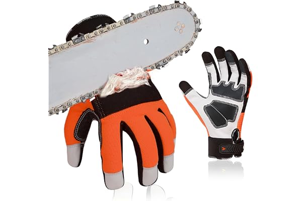 Vgo... Gants de Protection Contre les Tronçonneuses EN381-7, Classe 1, 20 m/s, Protection Contre les Coupures, Haute Résistance aux Coupures, en Cuir de Chèvre et PVC(GA8912/L/Orange/1 paire)