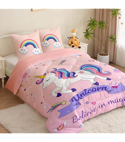 Couette 140x200 Enfant Arc-en-Ciel 4 Saisons - Réversible Avec 2 Taies D'Oreiller, Coton Soie Doux Lavable