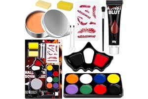 LUNARECLIPSE Face Paint Halloween Makeup Kit - White Black Red Face Paints Professional Kids Adults with Fake Blood, Scars, tattoos, 8 Color Body Painting Set For Zombie Vampire Skeleton Joker Clown Witch Cosplay