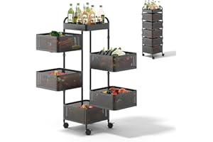 Warmiehomy 5 Tier Square Rotating Storage Rack, Kitchen Trolley Storage, Movable and Detachable Vegetable Storage Rack with 360° Wheels, Perfect for Pantry, Bathroom, or Living Room, Black, 26×26×85cm