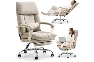 EMIAH Executive Office Chair for Home, Comfy Desk Chair with Footrest Ergonomic Reclining Computer Chairs with High Back PU Leather Swivel Chair with Lumbar Support(Beige)