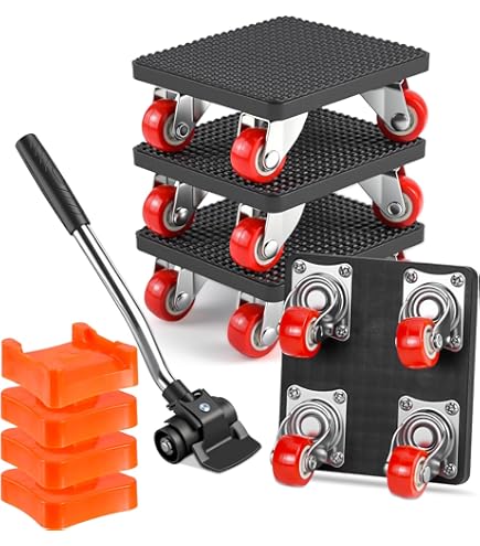 Meubeltransportrollen set, meubelroller transportroller 5 wielen 360 rotatie max voor 500KG, 4 stuks met 1 hefboom, zware last meubeltransporthulp voor het verplaatsen van meubels