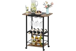OYRREU 3-Tier Bar Cart with Wheels, Mobile Drinks Trolley on Wheels for Kitchen, Dining & Garden, Indoor Outdoor Serving Cart for Alcohol, Tea, Coffee, Cocktail Party, Rustic Wood