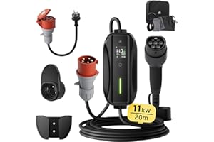 Dé Wallbox Station de Charge Mobile 11 kW Triphasé, 20 m, 6-16 A, Puissance Réglable, Câble CEE 16A Vers Type 2, Chargeur EV pour Modèle Y/3, ID.3/4/5, MG4, EX30, E-Up