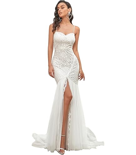 Abito Da Sposa Sirena Con Maniche Lunghe In Tulle - Avorio, Taglia 36, Con Treno Per Cerimonia Civile