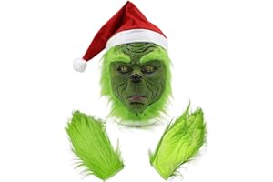 SHIFANQI The Green Monster Mask and Gloves,Santa Hat Green Face Christmas Mask,Costume Cosplay Latex Head Mask for Adults