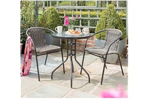 BONAFIDE Rattan Effect Bistro Set 3pc, Outdoor Patio Chairs And Steel Table, Indoor Outdoor Furniture Sets for Home with Tempered Glass Tabletop and 2 Folding Chairs (Valencia)