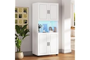‎BRINLAWB Brinlawb Küchenschrank mit 3 Farben Licht Vorratsschrank Küche Badschrank Hochschrank mit offenem Fach und 4 Türen, Badezimmerschrank Mehrzweckschrank 70cm breit für Badezimmer Wohnzimmer Küche, Weiß