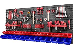 PAFEN Cajas apilables de pared para herramientas, 36 piezas, sistema de almacenamiento de plástico, color rojo/azul, modelo 1728 x 780 mm, estantes de pared, estantes de taller, cajas de