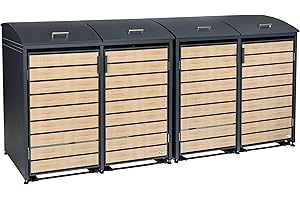 Zelsius Mülltonnenbox 4 Tonnen mit abgerundetem Deckel | 120-240 Liter | Anthrazit RAL7016 | Tür in Holzoptik mit Erweiterungsmöglichkeiten | Mülltonnenbox 4er Aufbewahrungsbox für Mülltonnen