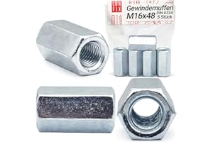 LUN FIX 5 manicotti filettati M16 x 48 mm, DIN 6334, dadi lunghi esagonali, 5 pezzi in acciaio zincato, dado distanziatore lungo per barre filettate