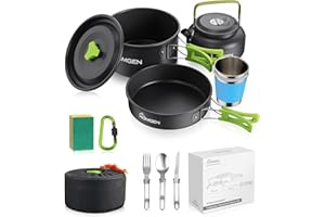 HOMGEN Juego de Cocina para Camping Set de Ollas y Sartenes de Aluminio Ligero Kit de Cocina Portátil para 2-3 Personas Incluye Olla Sartén Tetera Utensilios, Ideal para Senderismo Picnic y Aire Libre