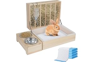IGTOPS Kaninchen-Heu-Futterspender, Hasen-Heuraufe mit Kunststoff-Katzentoilette,Toilette,Schüsseln und Wasserflasche,Heuraufe Kaninchen Holz für Meerschweinchen, Hamster, Kleintiere (4 in 1)