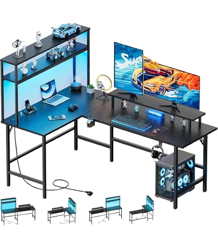 Bureau Avec Leds Prises Usb Bureau Gamer ODK En L Avec LED - Prises USB, Étagère Réversible - 168x120 Cm - Brun Vintage Bureau D'angle