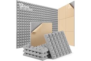 SOUNDSBAY Self-Adhesive Pyramid Acoustic Panels Sound Proofing Panels 12 Pack Acoustic Foam Panels wedges High Density Fireproof Acoustic Panels Soundproofing Foam for Recording/Studios/Offices 12"×12"×2"