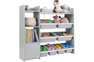 COSTWAY Kids Toy Storage Unit, Children's Toys Box Organiser with 8 Bins, Cabinet and Open Shelves, Large Toddler Bookshelf Rack for Playroom, Nursery, Kindergarten (Gray)