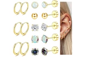 Diamday 8Paare Titan-Stahl Piercing Ohrstecker Set 20G Hoop Creolen Ohrringe für Damen Herren Kleine Kugel Opal CZ Flache Rückseite Ohrringe Tragus Knorpel Helix Kleine Creolen für Mehrere Piercings