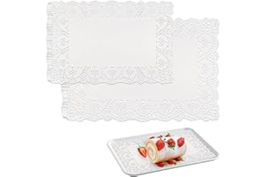 YKUKIZEE 300 Pcs White Rectangular Doilies Lace Paper, Cake Packaging Paper Pads, Cake Decorating Pads Placemats for Wedding Desserts Party Tableware Food Decoration 25x35cm + 19x30cm