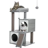 Petepela Modern Wooden Cat Scratching Post 93 cm Sisal Cat Scratching Posts Kitten Furniture with Cat Cave Play House Cat Toy Grey