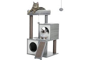 PETEPELA Nowoczesny drewniany drapak dla kota, 93 cm, sizal, drapak dla kotów, meble z legowiską, domek do zabawy, zabawka dla kotów, kolor szary