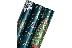 RUSPEPA Rollo De Papel De Regalo Navideño - Mini Rollo - 3 Rollos - 43,2 Cm X 3 M Por Rollo - Diseño Navideño Verde De Árbol De Navidad Y Copo De Nieve Con Brillo De Lámina Metálica