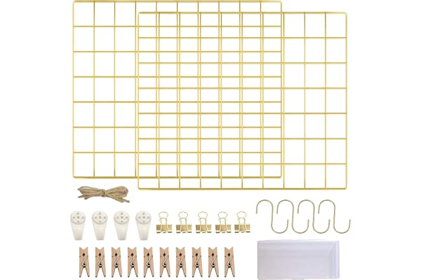 LOYONAL Dekorativt vägggaller, guld – metallfotogaller – anslagstavla rutnät, fotovägg, metallgaller – gallervägg, foto-rutnät – 2-pack rutnät vägg