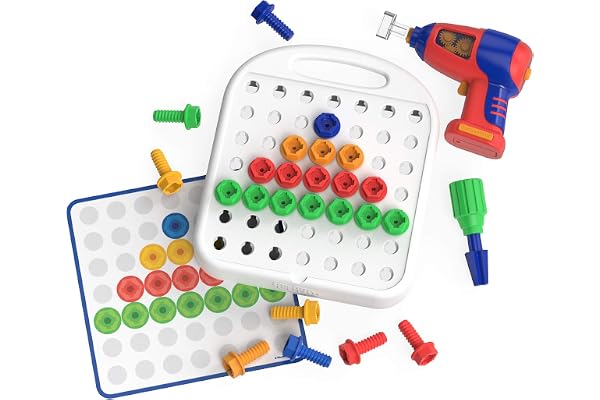Learning Resources Design & Drill Patterns and Shapes Jeu éducatif STEM motricité fine avec perceuse enfant, 55 pièces, formes et couleurs, activité manuelle 3-7 ans