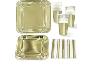 ZVK Stoviglie per feste, Piatti di carta quadrati, Tovaglioli, Biccchieri di carta per feste oro 72 pezzi Set di Stoviglie di carta usa e getta