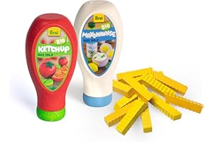 Erzi 03090 Kaufladenartikel für Kinder aus Holz, Set Pommes, Ketchup und Mayonnaise, Rollenspiele