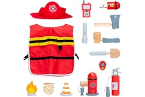 UMU® Set da gioco per bambini in legno con pompiere, con cappuccio, estintore del fuoco, apparecchi radio, pipa e molto altro ancora, set di giocattoli per gioco di ruolo, 4, 5 anni
