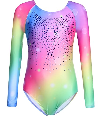 AOOWU Ensemble Gymnastique 3PCS Justaucorps Brillant Dégradé Fille 5-8 Ans - Short Et Bandeau