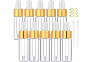 Apstaqeoo 10Pcs, 5Ml Transparent Glass Sample Dropper Bottles, Empty Mini Bottles with Dropper Pipettes Gold Aluminum Alloy Cap Refillable Sample Container for Essential Oils Perfume Cosmetic Liquid