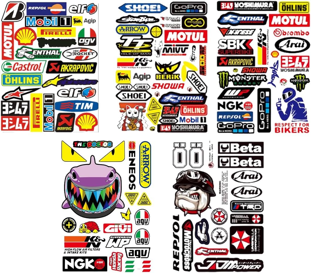 PBAHAUP Pegatinas para Moto, 5 Hojas de Calcomanías de Vinilo Impermeables para Casco y Motocicleta, Diseños Racing y MTB para Personalización de Vehículos y Cascos