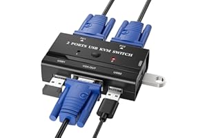 Jancane KVM Switch, 2 Puertos Conmutador KVM,2 PC 1 Monitor VGA para un Monitor de Video de 1 Piezas y 3 Dispositivos USB, para Compartir Teclado, Raton, Escáner, Impresora, Incluye 2 Cables USB-KVM