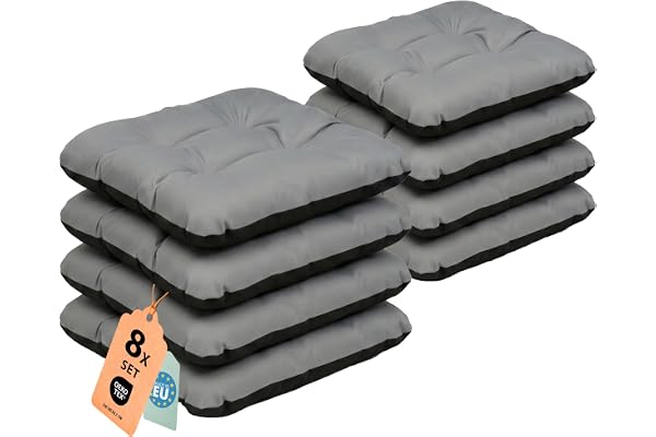 SuperKissen24. Coussin pour Chaise, Siège, Banc de Jardin, Canapé - Lot de 8 Coussins 45x45 cm - Bain de Soleil - Intérieur/Extérieur – imperméable - Gris