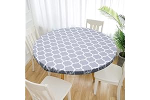 Caffney Elastic Edged Vinyl Fitted Tablecloth Flannel Backed & Elastic Edge Table Cover Indoor Outdoor Round Fitted Vinyl Table Cloth Oil & Waterproof Wipeable Table Protector 35-43"/43-55'' Diamet