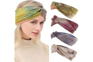 IYOU Turbante Boho Diademas cruzadas Elegante envoltura de cabeza de yoga impresa Bufanda anudada elástica de cabeza ancha para mujeres y niñas (paquete de 4)