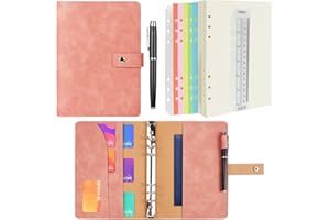 ANOMM Cuaderno A5 Anillas de Cuero Sintético, Recargable Libretas Bonitas con Cuadrícula de Puntos A5, Bolsillos Interiores y Separador de Índice, Agenda Ahorro para Viajes, Trabajo, Escuela (Rosa)