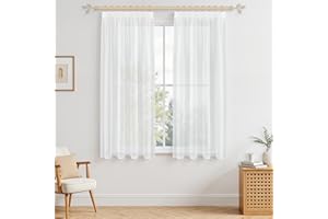 ‎MRTREES MRTREES Gardinen mit Kräuselband Stores Gardinen Weiß kurz transparent 145X140cm (HXB) Schlaufenschals 2er Set Vorhänge in Leinenoptik für Wohnzimmer Schlafzimmer Mädchen Jugend Curtains