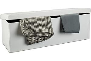Relaxdays Banco plegable, Baúl de almacenaje, Cuero sintético, 38 x 114 x 38 cm, Blanco
